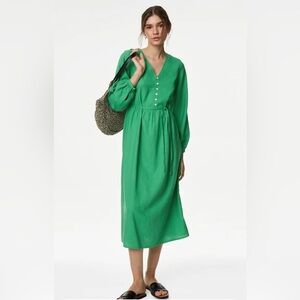 NWT Marks and Spencer Linen Rich V-Neck Midi Shift Dress- Size Medium 10 UK